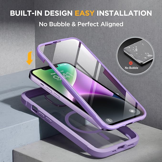 Miracase Magnetic for iPhone 14 Case 6.1 [Built-in Tempered Glass Screen Protector + Lens Protector] [Compatible with MagSafe] Full-Body Protective Bumper 14 Phone Cover Purple