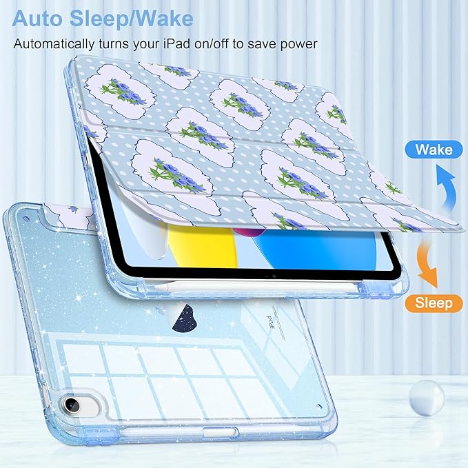 MEEgoodo Case for iPad A16 11th Generation 2025/10th Generation 2022 Glitter Tablet Cases with Transparent Acrylic Back+Trifold Stand +Pencil Holder+Auto Wake/SleepRoses &amp Blue Polka Dots