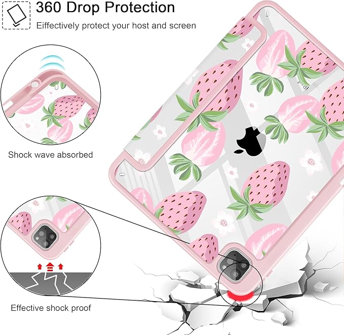 May Chen for iPad Pro 11 inch M2 4th Generation 2022 iPad Pro 11 3rd/2nd/1st Gen Built-in Pencil Holder with Shockproof Cover Clear Transparent Back Shell Auto Wake/Sleep Strawberries
