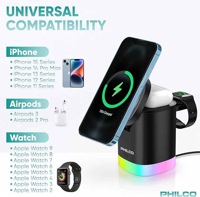 Philco 3-in-1 Magnetic Wireless Charging Station15W Fast Charging for Magsafe iPhone 11/12/13/14/15/16 Apple Watch &amp AirPods Compact and Foldable Design with USB-C Port RGB Color Changing Ligh