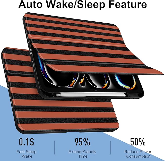 DONGKE for iPad Pro 11-Inch Case (M5 2025 / M4 2024) 6th/5th Generation [Auto Sleep/Wake &amp Pencil Pro Holder] Clear Acrylic Back Smart Trifold Stand Cover Orange Stripes