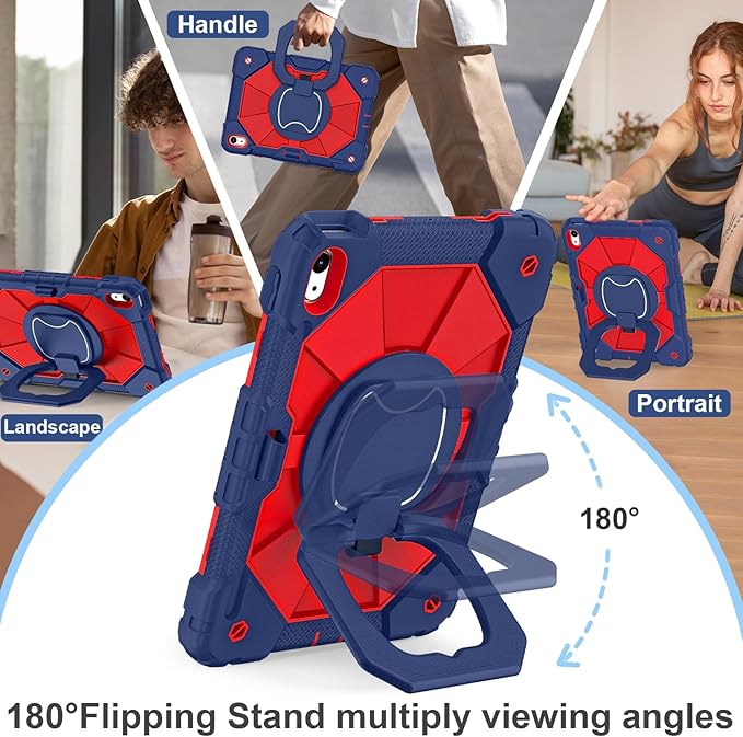 Case for iPad (A16) 11th Generation 11 Inch (2025) iPad 10th Generation Case 10.9 Inch (2022) Shockproof Cover with 360° Rotating Stand Screen Protector Pen Holder Shoulder Strap Navy Red