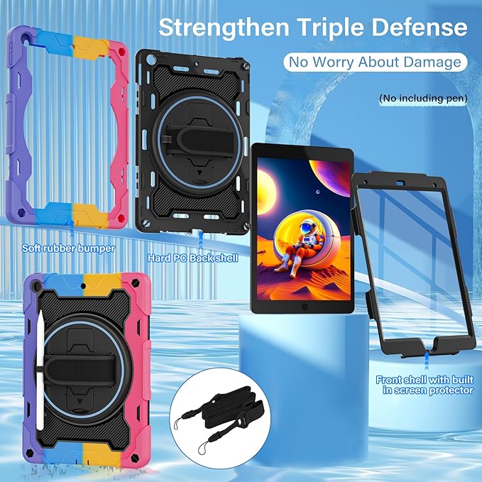 for iPad 9th 8th 7th Generation Case iPad 10.2 inch with HD Screen Protector 360 Rotating Kickstand/Hand Strap Shoulder Strap Heavy Duty Military Grade - Kids Friendly