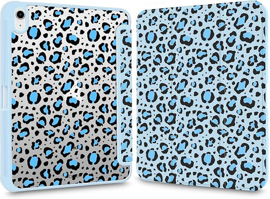 Cute Case for 10.2 iPad 2019/2020/2021 Blue Leopard Cheetah Print Clear Hard Back Hybrid Casewith Pencil Holder Trifold Stand Slim Tablet Cover for iPad 7th/8th/9th Gen for Women