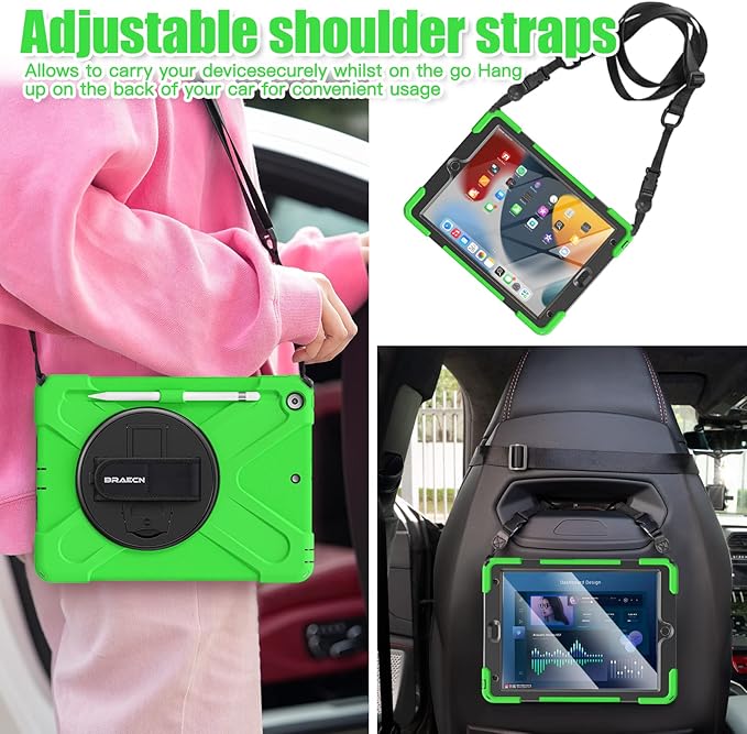 BRAECNstock for Apple iPad 9th/ 8th/ 7th Generation Case 10.2 2021/2020/2019 Shockproof Protective iPad 10.2 Kids Case with Screen Protector Pencil Holder Rotating Stand+Hand Strap Green
