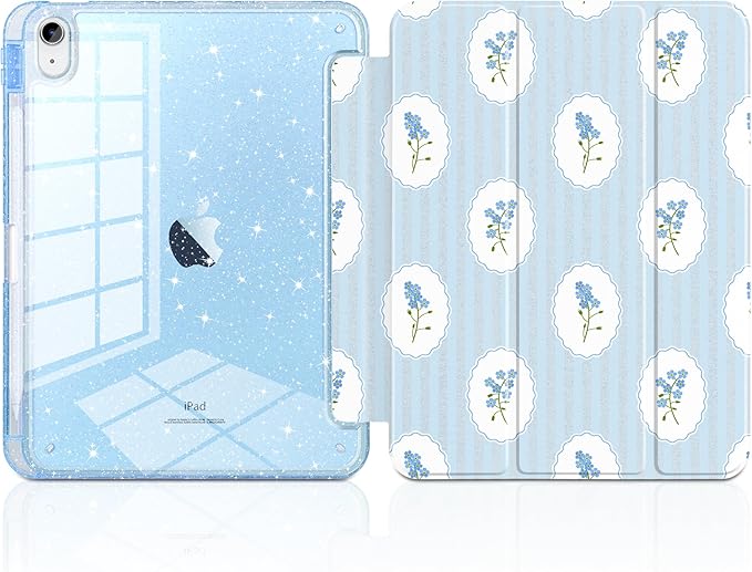 MEEgoodo Case for iPad A16 11th Generation 2025/10th Generation 2022 Glitter Tablet Cases with Transparent Acrylic Back+Trifold Stand +Pencil Holder+Auto Wake/SleepCoquette Trellis Floral