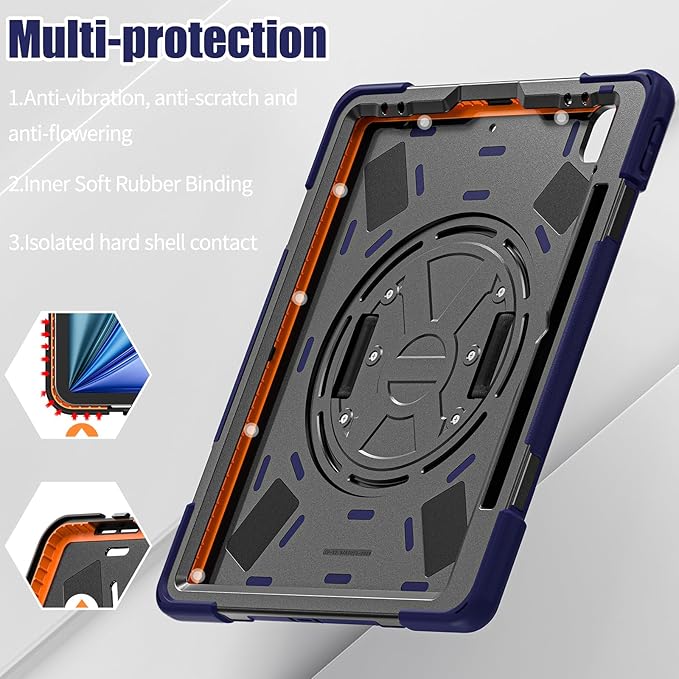 for iPad Air 13-inch M2 (2024) A2898/A2899 for iPad Pro 12.9 Rugged Case Portable Heavy Duty Shock-Proof Armor Cover with Swivel Kickstand/Hand Grip Shoulder Strap Pencil Holder (Navy)