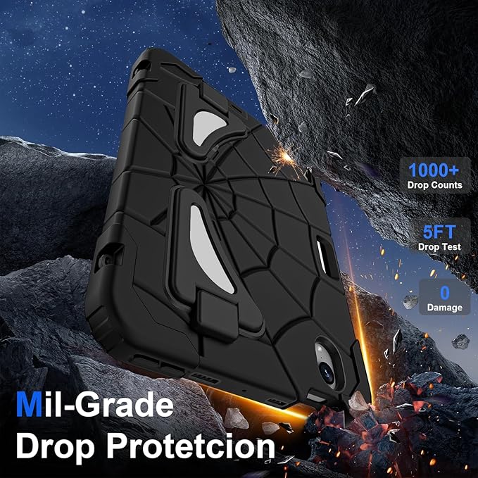 Kids Case for iPad mini 7 A17 Pro 2024/ Mini 6 8.3 inch Spider Case for iPad mini 7th 6th Generation Shockproof Durable Full Protective Cover with Pencil Holder Kickstand (Black+Black)