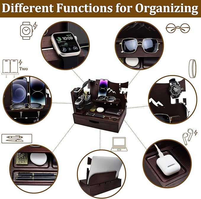 Nightstand Organizer for Men with Large Drawer Wood Phone Docking Station for Phone Apple Watch Wallet &amp Keys Ideal Birthday Gift for Father Husband Bedside Desk Organizer (Espresso)