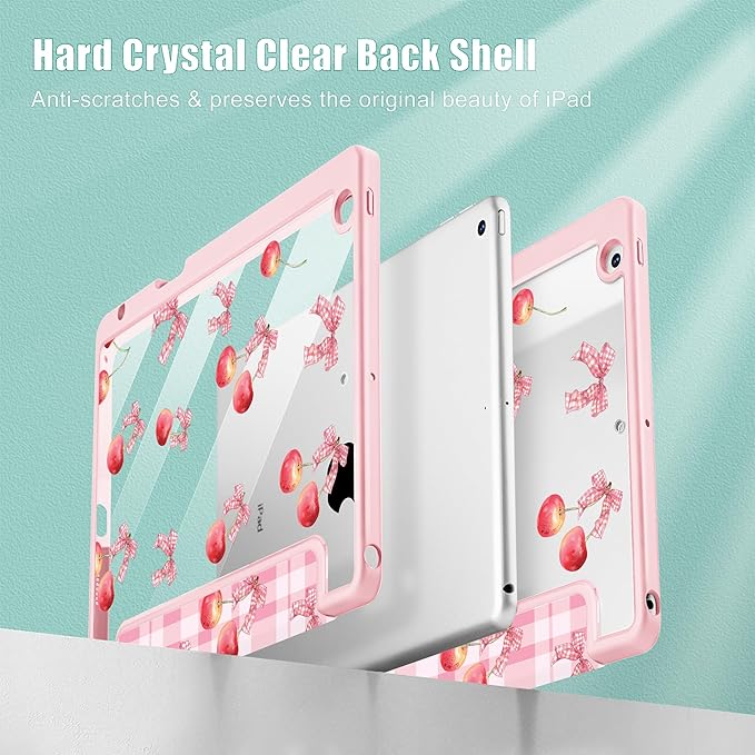 for iPad 9th Generation with Pencil Holder iPad 8th/7th Gen Case 10.2-inch [Built in Pencil Holder] Trifold Stand Auto Wake/Sleep Clear TPU Protection Back Cover Cherry Bow P704