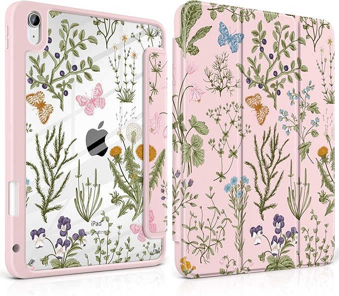 DONGKE Case for iPad (A16) 11th Generation 11 inch 2025 &amp iPad 10th Gen 10.9 inch 2022 [Built-in Pencil Holder] Clear Acrylic Back Trifold Stand Smart Cover Auto Sleep/Wake Wildflower &amp But