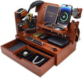 Nightstand Organizer for Men with Large Drawer Wood Phone Docking Station for Phone Apple Watch Wallet &amp Keys Ideal Birthday Gift for Father Husband Bedside Desk Organizer (Walnut)