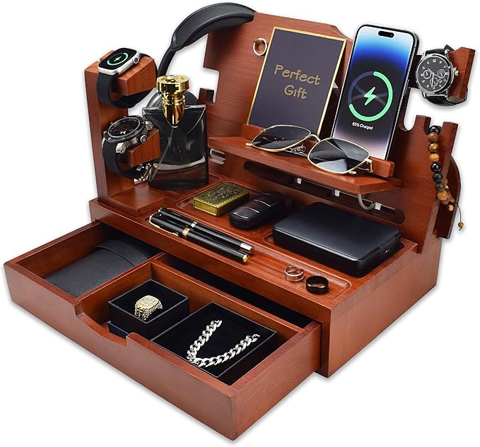 Nightstand Organizer for Men with Large Drawer Wood Phone Docking Station for Phone Apple Watch Wallet &amp Keys Ideal Birthday Gift for Father Husband Bedside Desk Organizer (Walnut)