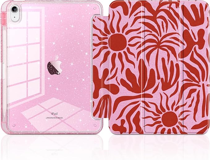 MEEgoodo Case for iPad A16 11th Generation 2025/10th Generation 2022 Glitter Tablet Cases with Transparent Acrylic Back+Trifold Stand +Pencil Holder+Auto Wake/SleepAbstract Sun &amp Palm Tree