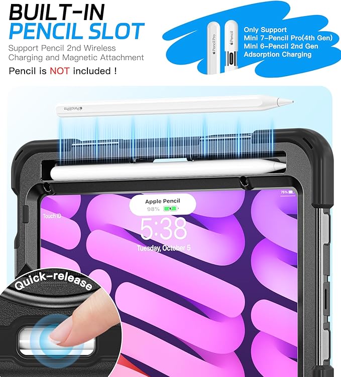 BRAECNstock Case for Apple iPad mini 7 (A17 Pro) 2024/ Mini 6 2021 8.3 Rugged Protective with Screen Protector Pencil Holder Rotating Hand Strap &amp Stand iPad mini 7th/6th Gen Case Kids Black