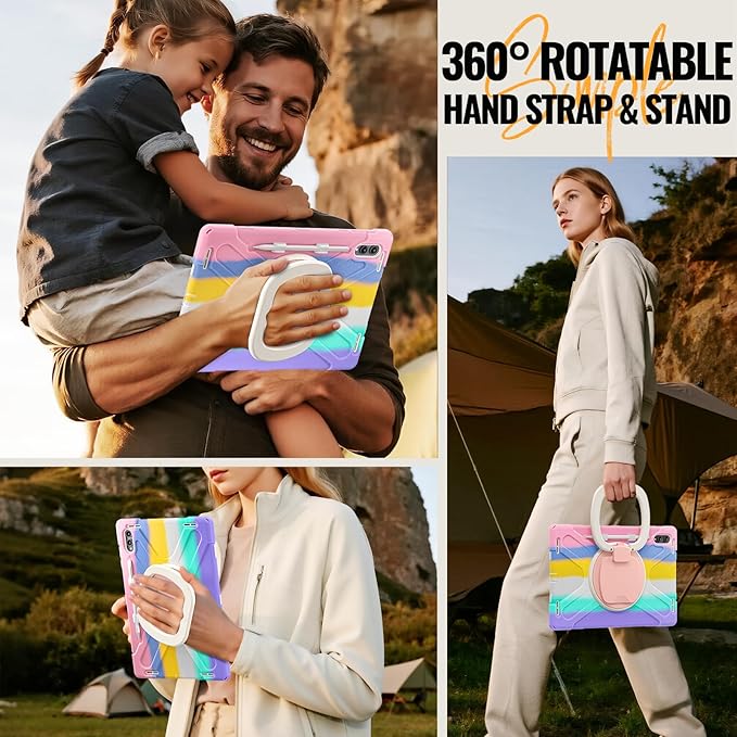 for Galaxy Tab S11 Ultra Rotating Case 14.6inch Heavy Duty Hybrid Rugged Case with S Pen Holder Shockproof Kids Cover with 360 Rotation Stand/Shoulder Strap (Colourful Pink)