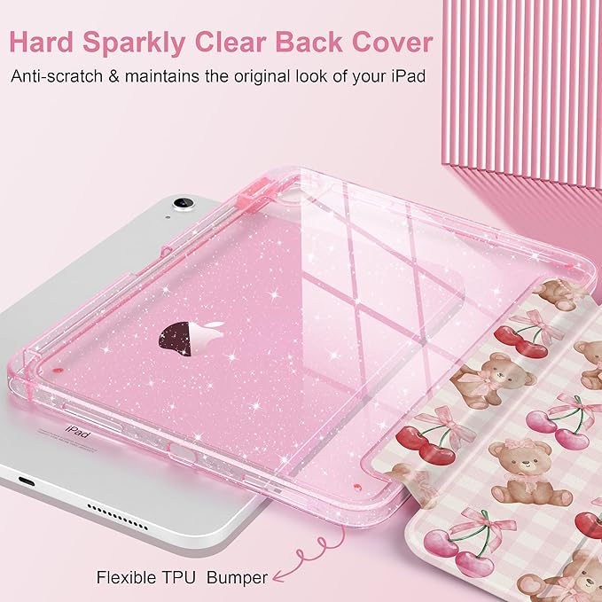 TWOLSKOO Sparkly Case for iPad Pro 11 inch (M5 2025 / M4 2024) Glitter Hard Acrylic Back with Pencil Holder Slim Trifold Stand Folio Cover Auto Sleep/Wake Cherry &amp Bears