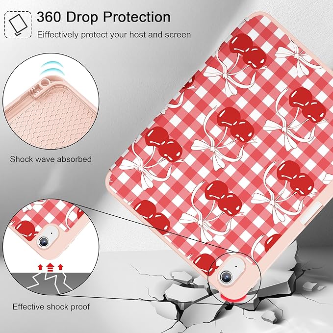 May Chen for iPad (A16) 11th Generation Case 11 Inch 2025 iPad 10th Gen Case 2022 10.9 inch Trifold Stand with Auto Wake/Sleep Soft TPU Protective Stand Back Cover Cherry Bow