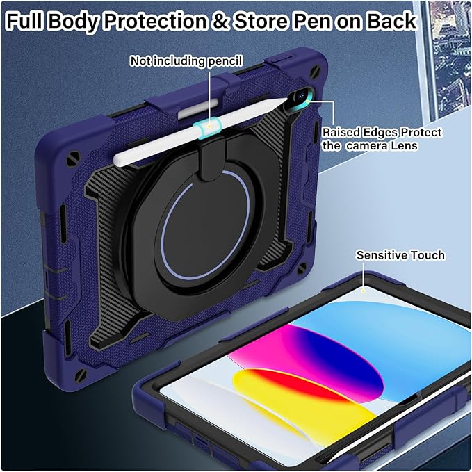 ROISKIN for iPad (A16) 11th/10th Generation Case 2025/2022 (11″/10.9″) Sturdy Heavy Duty Full-Body Shockproof Protective Case with Screen Protector Rotating Stand Handle/Shoulder Strap