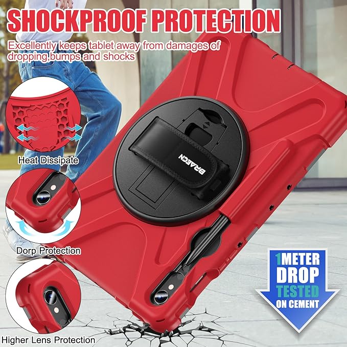 BRAECNstock for Samsung Galaxy Tab S10 Lite/ S10 FE/ S9 FE/ S9/ S8/ S7 5G Case 10.9/ 11 Shockproof Protective Kids Case with Pencil Holder Rotating Hand Strap &amp Stand Shoulder Strap Red