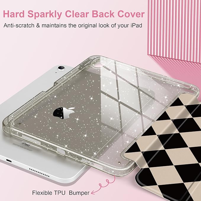 DONGKE for iPad Case 9th/8th/7th Generation 10.2 Inch (2021/2020/2019) Shockproof Glitter Acrylic Back with Trifold Stand Pencil Holder &amp Auto Sleep/Wake - Argyle Pattern