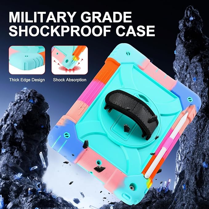 for iPad 9th/8th/7th Generation CaseiPad 10.2 Case 2021/2020/2019 with Cute Key Chain Rugged Protective Case with 360°Rotating Stand &amp Shoulder Hand Strap &amp Pen Slot for 10.2 Inch (Rainbow