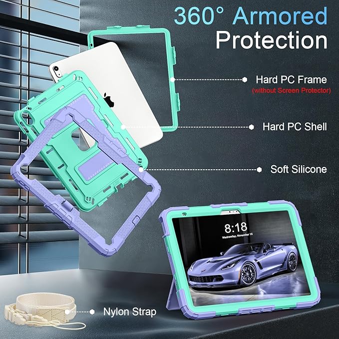 for iPad 11 Inch (A16) 11th /10th Generation 10.9 Inch iPad Case 10th Generation with Shoulder StrapHeavy Duty Shockproof Cover for i Pad 11th/10th GenPurple Green