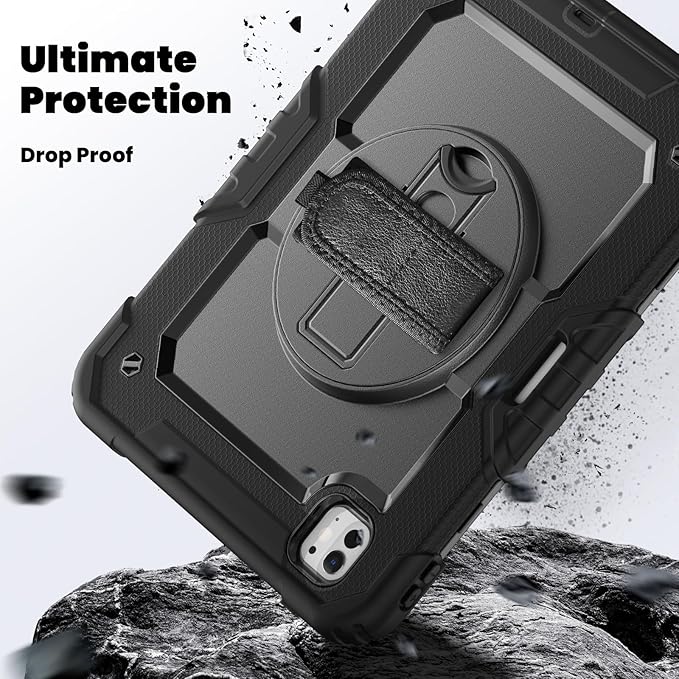 for iPad Pro 11 inch Case M5 2025/M4 2024 Shockproof Case for iPad Pro 11 M5/M4 with Screen Protector/Pencil Holder/Rotating Kickstand [Hand &amp Shoulder Strap]Black