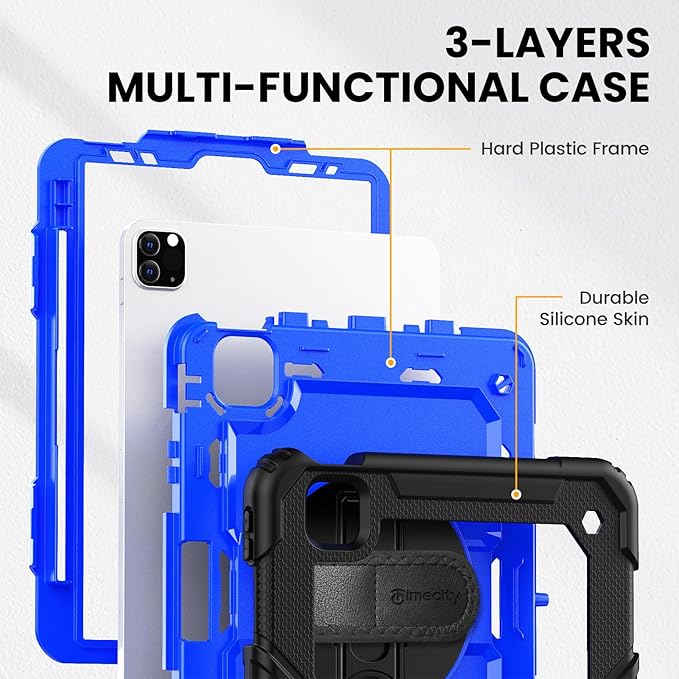 Timecity Case for iPad Pro 11 inch 4th Generation 2022 Shockproof Case with Screen Protector &ampPencil Holder+Rotating Stand+Handle for iPad Pro 11 2021/2020/2018 (3rd 2nd 1st Gen) - Dark Blue