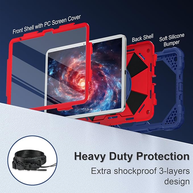 Case for iPad (A16) 11th Generation 11 Inch (2025) iPad 10th Generation Case 10.9 Inch (2022) Shockproof Cover with 360° Rotating Stand Screen Protector Pen Holder Shoulder Strap Navy Red