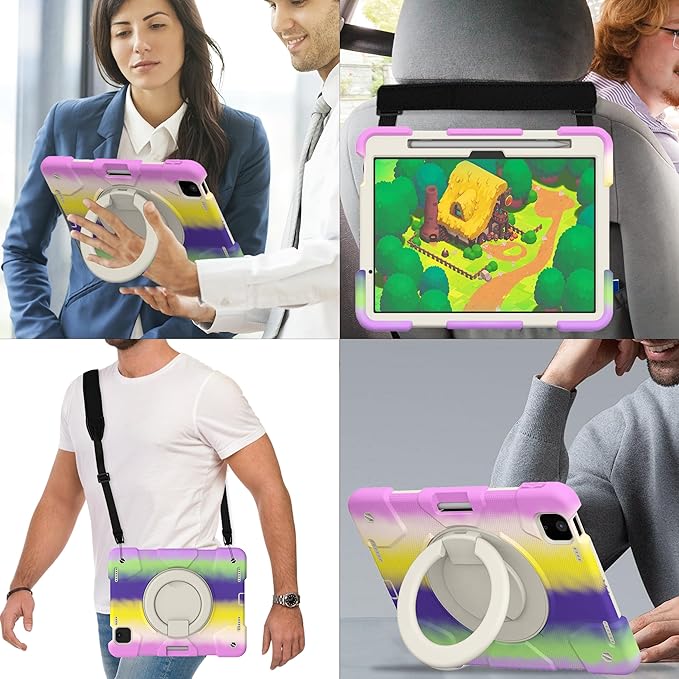 Case for iPad Air 11 inch M3 2025/ M2 2024 (Air 7th/6th Generation) Heavy Duty Shockproof Cover with Screen Protector/360° Rotating Stand/Pencil Holder/Shoulder Strap (Colorful Purple)