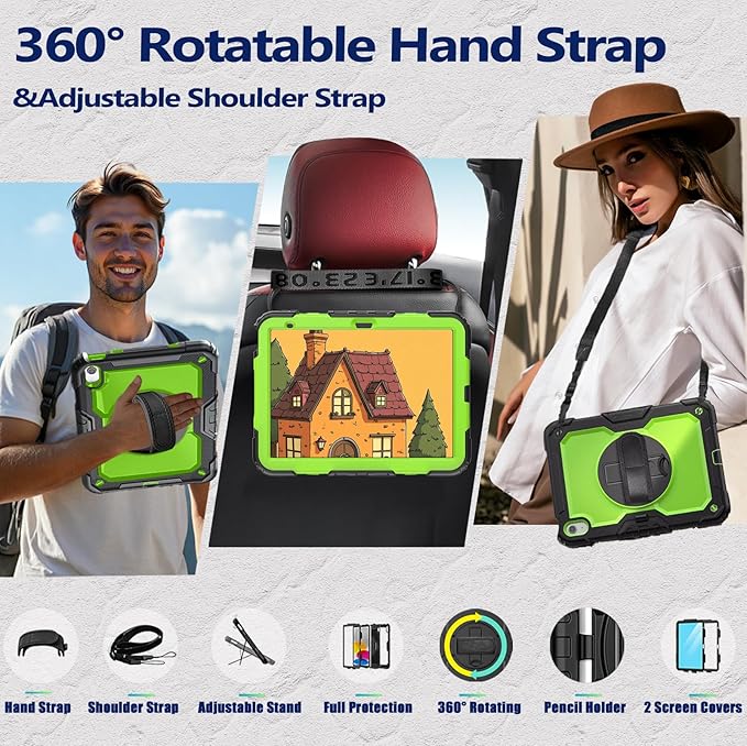 Weuiean Case for iPad A16 11th/10th Generation 11/10.9 Military-Grade Heavy-Duty Shockproof Cover with 360° Rotating Stand Built-in Pencil Holder &amp Adjustable Hand/Shoulder Strap - Green+Black
