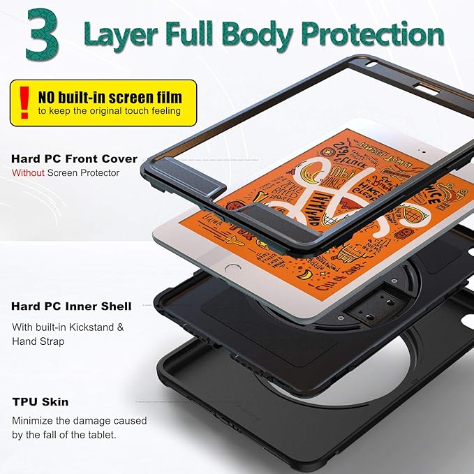BATYUE for iPad mini 5/4 7.9 Inch Case (2019/2015) Shockproof Cover with 360° Kickstand &amp Pencil Holder Comfortable Leather Hand Strap for Easy Grip - Black