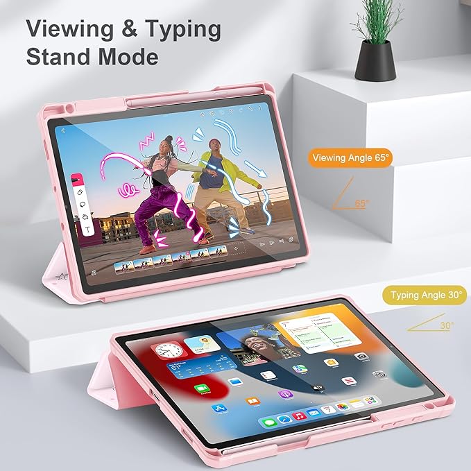 Mektron Case for Samsung Galaxy Tab S6 Lite 10.4 Inch 2024/2022/2020 with S Pen Holder Multi-Angle Viewing with Shockproof Cover Clear Shell + Trifold Stand + Auto Wake/Sleep Pink Bows-Rabbits