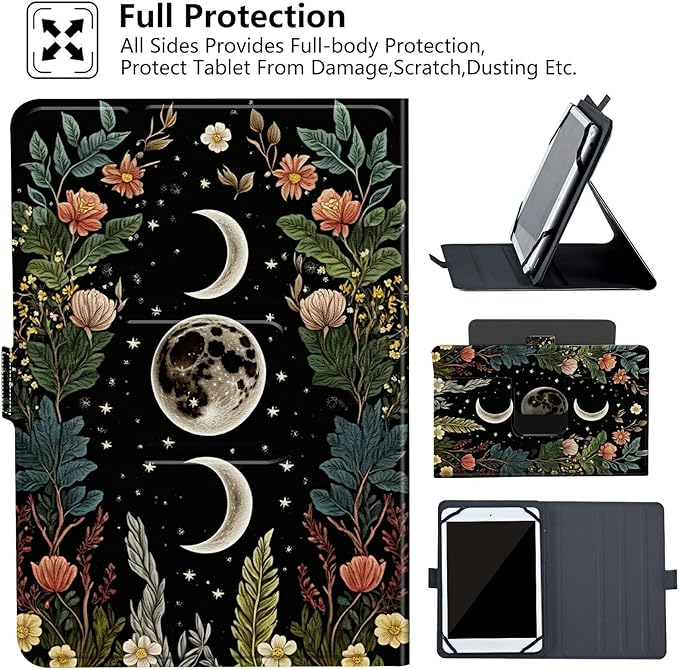 Rossy Universal 10.0 Tablet Case Universal Case for 9.6-10.5 Inch Android Tablet Slim PU Leather Stand Folio Shell Cover with 360 Degree Rotatable Kickstand Multiple ViewingFlower Moon Star