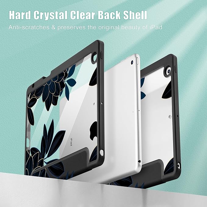 for iPad 9th Generation with Pencil Holder iPad 8th/7th Gen Case 10.2-inch [Built in Pencil Holder] Trifold Stand Auto Wake/Sleep Clear TPU Protection Back Cover Flower Dahlia