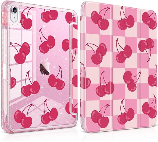 TWOLSKOO Sparkly Case for iPad Pro 11 inch (M5 2025 / M4 2024) Glitter Hard Acrylic Back with Pencil Holder Slim Trifold Stand Folio Cover Auto Sleep/Wake Checkered Cherry