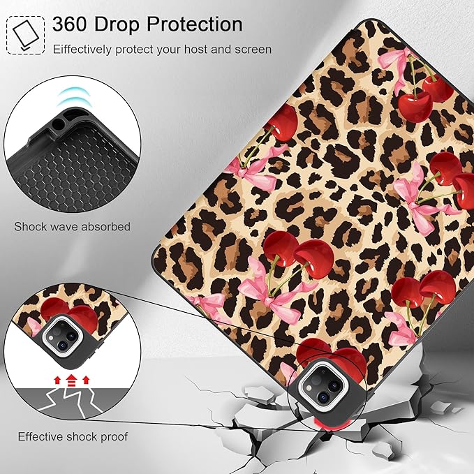 May Chen Case for iPad Pro 11 inch (4th 3rd 2nd &amp 1st Gen) 2022 2021 2020 2018 Trifold Stand + Pencil Holder + Auto Wake/Sleep + Soft TPU Protective Stand Back Cover Cherry &amp Cheetah