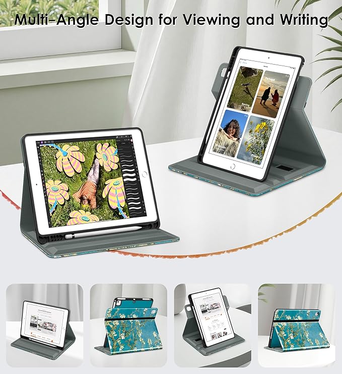 DTTO for iPad 6th / 5th Generation 9.7 Inch (2018/2017) iPad Air 2 / Air 1 Case 360 Degree Rotating Premium Leather Folio Stand Cover with Pencil Holder Blossom