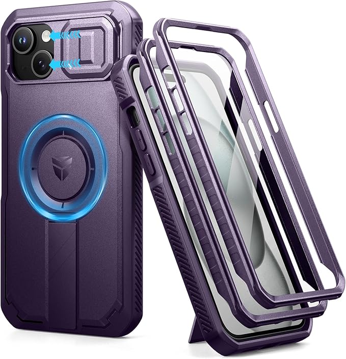 Dexnor for iPhone 15 Plus/14 Plus Case with Slide Camera Cover&ampAdjustable Kickstand&ampBuilt-in Screen ProtectorMagsafe Rugged Shockproof Bumper Cases Heavy-duty Magnetic Protective CoverPhanto