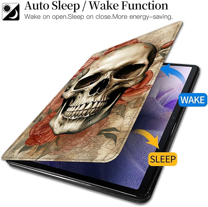 Case for Kindle Fire HD 10 Tablet (5th/7th/9th Generation2015/2017/2019 Release) Skull Roses Theme 360 Degree Rotating Stand Protective Cover with Auto Sleep/Wake for HD 10 Tablet