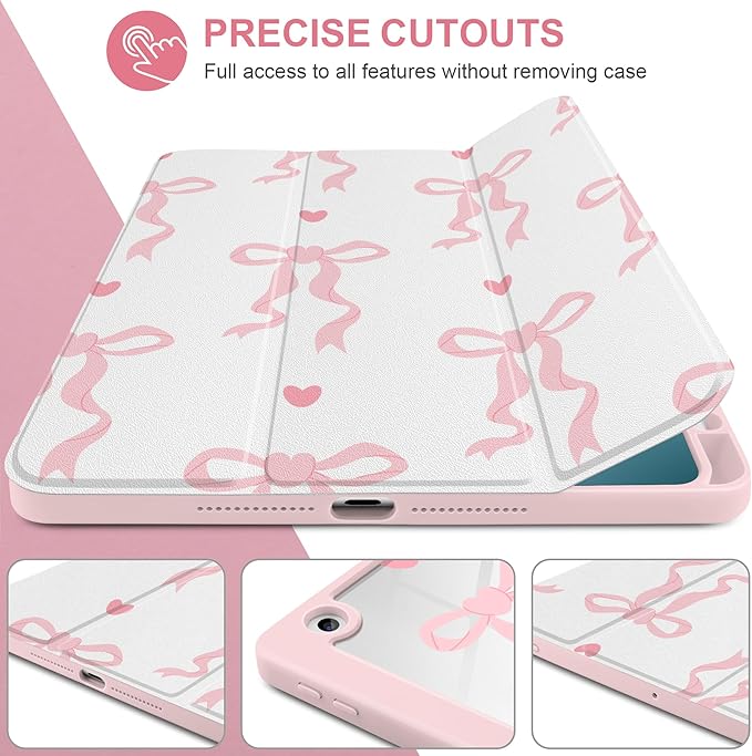 MEEgoodo Case for iPad 10.2 inchTablet Cases for iPad 9th Generation 2021/8th Gen 2020/7th Gen 2019 with Clear Acrylic Back Shell+Pencil Holder+Auto Wake/Sleep+Trifold StandTrendy Bow &amp Hearts