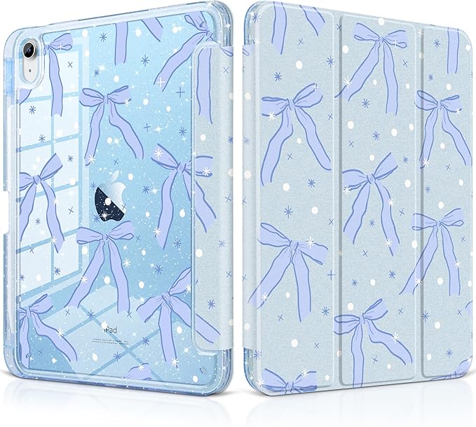 MEEgoodo Case for iPad A16 11th Generation 2025/10th Generation 2022 Glitter Tablet Cases with Transparent Acrylic Back+Trifold Stand +Pencil Holder+Auto Wake/SleepBlue Bow &amp Polka Dots