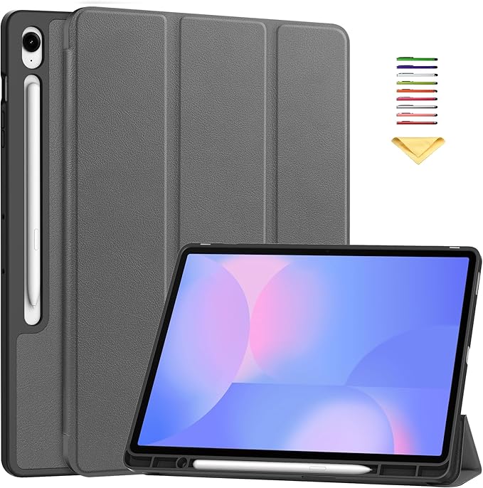 Case for Samsumg Galaxy Tab S10 FE+/S10 FE Plus 13.1 Inch 2025 (Model: SM-X620/SM-X626B) Trifold Stand Smart Cover with S Pen Holder [Auto Wake/Sleep] PU Leather Soft TPU Bumper Shell Gray