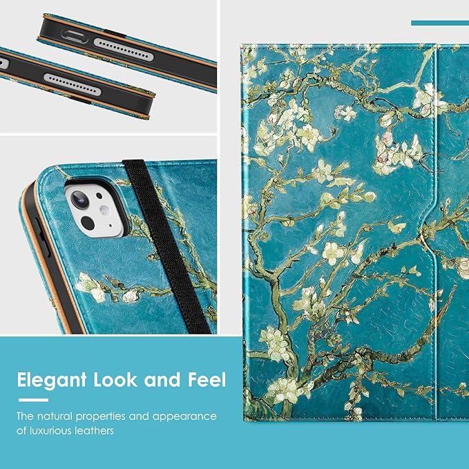 VIKESI Case for iPad Pro 13-inch M5 or M4 Released in 2025 or 2024 Leather Stand Cover with Apple Pencil Holder Auto Wake/Sleep Multiple Viewing Angles Built in Hand Strap &amp PocketBlossom