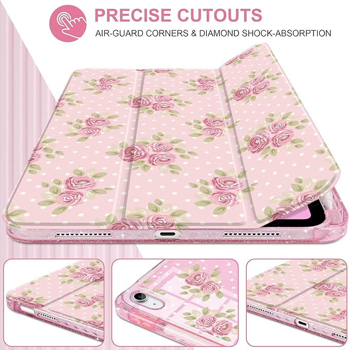 MEEgoodo Case for iPad A16 11th Generation 2025/10th Generation 2022 Glitter Tablet Cases with Transparent Acrylic Back+Trifold Stand +Pencil Holder+Auto Wake/SleepVintage Chic Floral