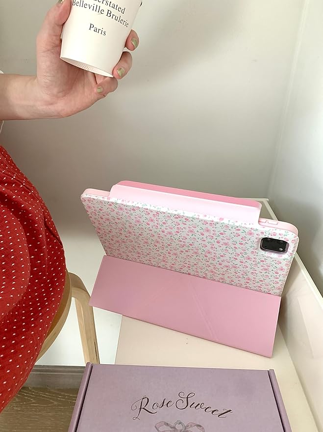 Detachable Magnetic 360 Rotating Adjustable Kickstand Hard PU Folio Case for Apple White Pink Rose Flower Floral Pretty Chic Cute Lovely Girls (for iPad A16 11-Inch 11th Generation 2025)