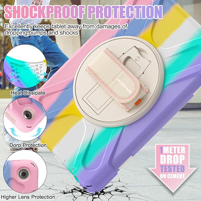 BRAECNstock Kids Case for Amazon Fire HD 10 Tablet 13th Gen 2023 Shockproof Protective Kindle Fire HD 10 Case with Screen Protector Rotating Hand Strap+Stand Shoulder Strap Pen Holder - Colorful Pink