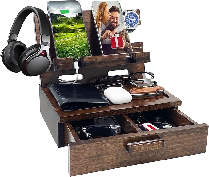 Gifts for Men Women Husband Son Boyfriend Him Nightstand Organizer Wood Phone Docking Station Birthday Gifts (Walnut) | Gifts for Men Women Birthday Gifts
