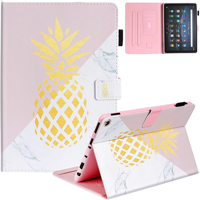 Dteck Case for All-New Fire HD 10 &amp HD 10 Plus Tablet (2021 Release 11th Generation) - Multi-Angle Folio Stand Premium Embossed Leather Protective Smart Cover with Auto Wake Sleep Gold Pineapple